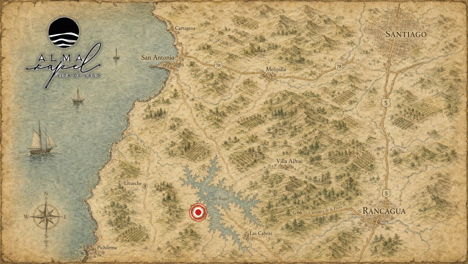 Mapa de ubicación ilustrado — Alma Rapel, San Rafael, Lago Rapel